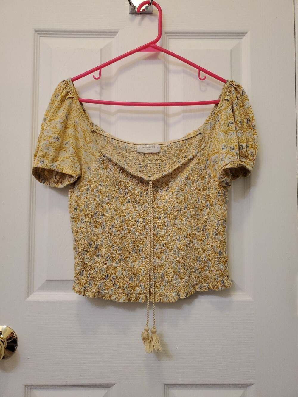 Lucky Brand Women's Beige Cotton Square-Neck Smocked Top Large Boho Cottagecore - Picture 1 of 5
